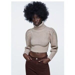 Zara Brown Cropped Turtleneck Puff Sleeves & Ribbed Cuffs Women's Sweater Size M